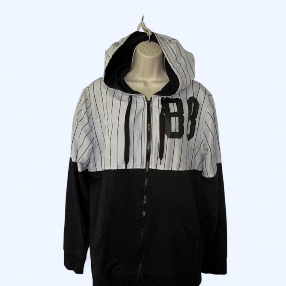 Modern Black and White Zip Up Sweater with Pinstripes